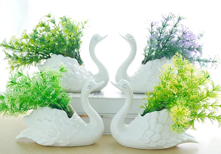 1PC Swan Pot Artificial Flowers Bonsai Desktop Decor Houseware Furnishing Decorative Simulation Plant Bonsai Wedding Home JL 261