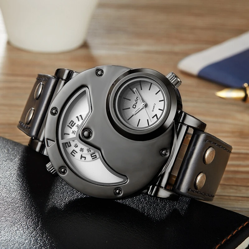 Oulm unico doppio fuso orario sportivo orologio al quarzo orologio maschile Casual in pelle PU orologio da polso militare orologi da uomo reloj