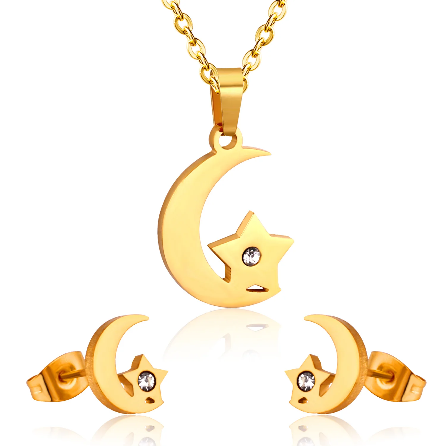 LUXUKISSKIDS Moon and Star with Rhinestone Pendant Necklace and Earring Stainless Steel Dubai/Indian Wedding Golden Jewelry Set