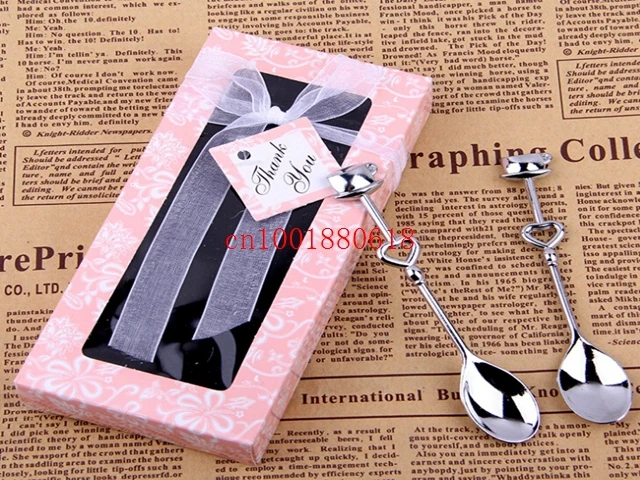 100pcs/lot=50Pairs/lot Wholesale Double Heart Coffee Spoons Wedding Party favors and gifts With Retail box Free Shipping