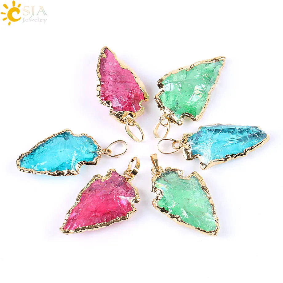 CSJA Raw Natürliche Pfeilspitze Kristall Quarz Anhänger Rot Blau Grünen Edelstein Stein Gold Farbe Halsketten Erklärung Heil Schmuck E634
