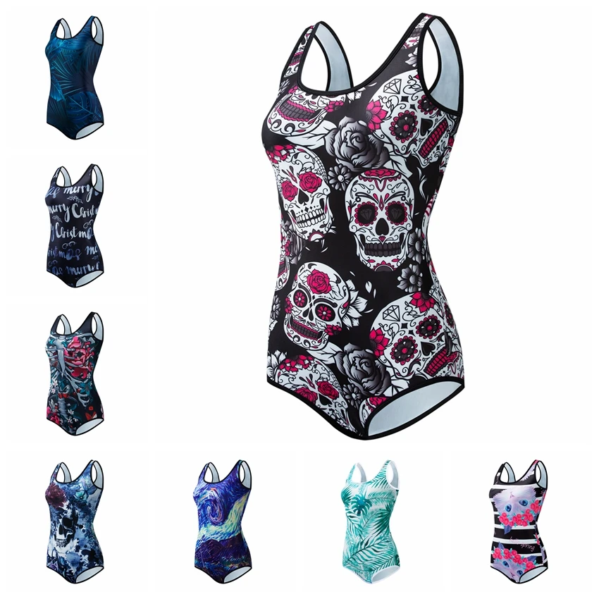 Women One Piece Swimsuit High Quality Swimwear Printed Push Up Monokini Summer Bathing Suit Tropical Bodysuit Female Skull