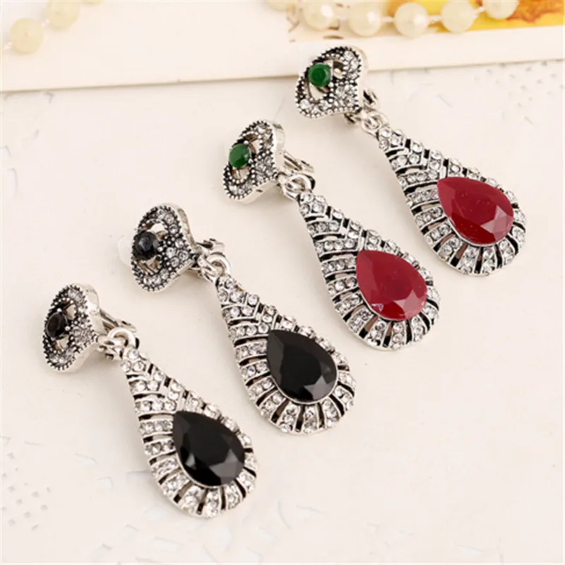 Turkish Style Vintage Crystal Earrings No Hole Black Long Bohemian Ear Cuff Clips Earrings Without Pierced Ear Clip For Women