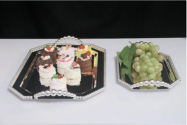 Gold and Silver Metal Storage Trays with Beads, Decorative Plate, Cake Pan, Fruit Plate, Serving Tray, Desktop Organizer, Fashio