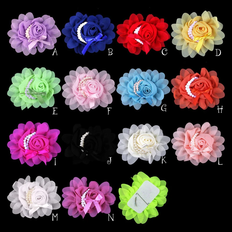 10pcs/lot 14colors Hair Clips Artificial Goldfish Bowknot Chiffon Rosette Flower With Pearls Solid Fabric Flowers For Headband