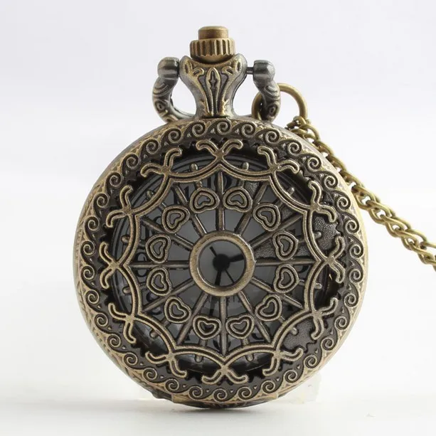 Vintage Bronze A spider's web Hollow Woman And Men Quartz Necklace Pocket Watch Gift