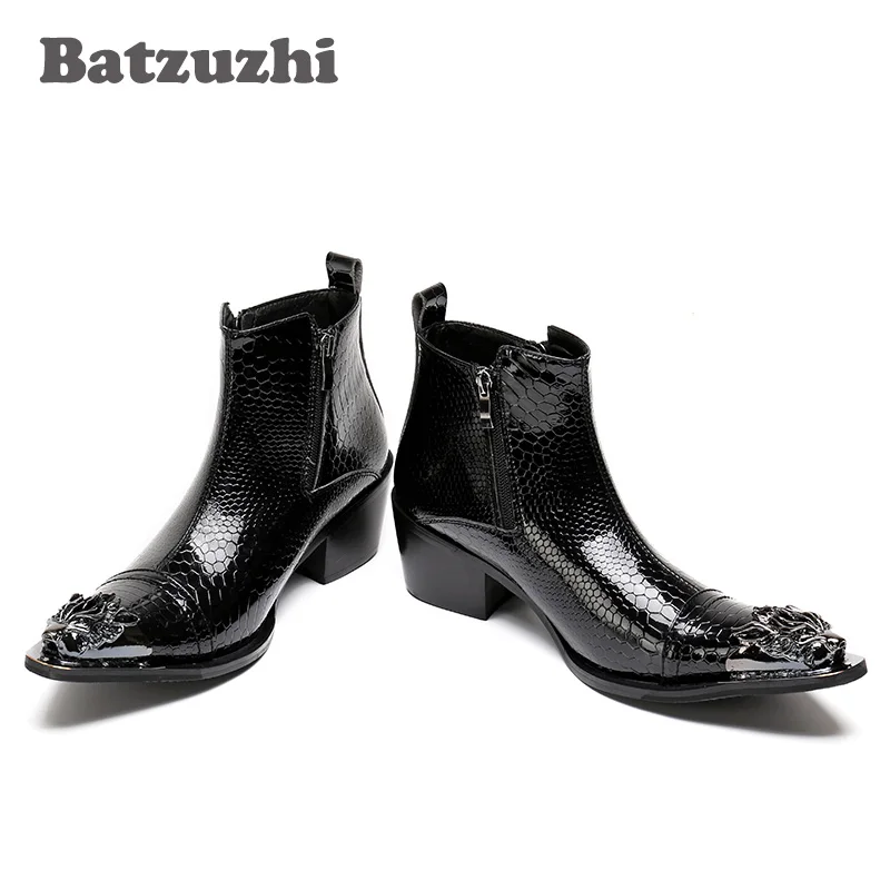 Batzuzhi POP Rock Black Men Boots Pointed Iron Toe Zipper Men's Ankle Boots Fashion Autumn Leather Men Footwear bota masculina