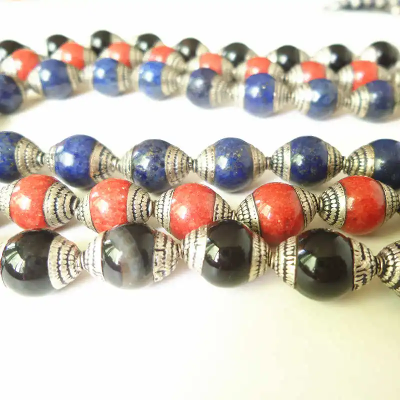 10PCS Tibetan Beads Capped Real Natural Stone Beads Agates Lapis Beads Nepal Hand Beads TSB0533