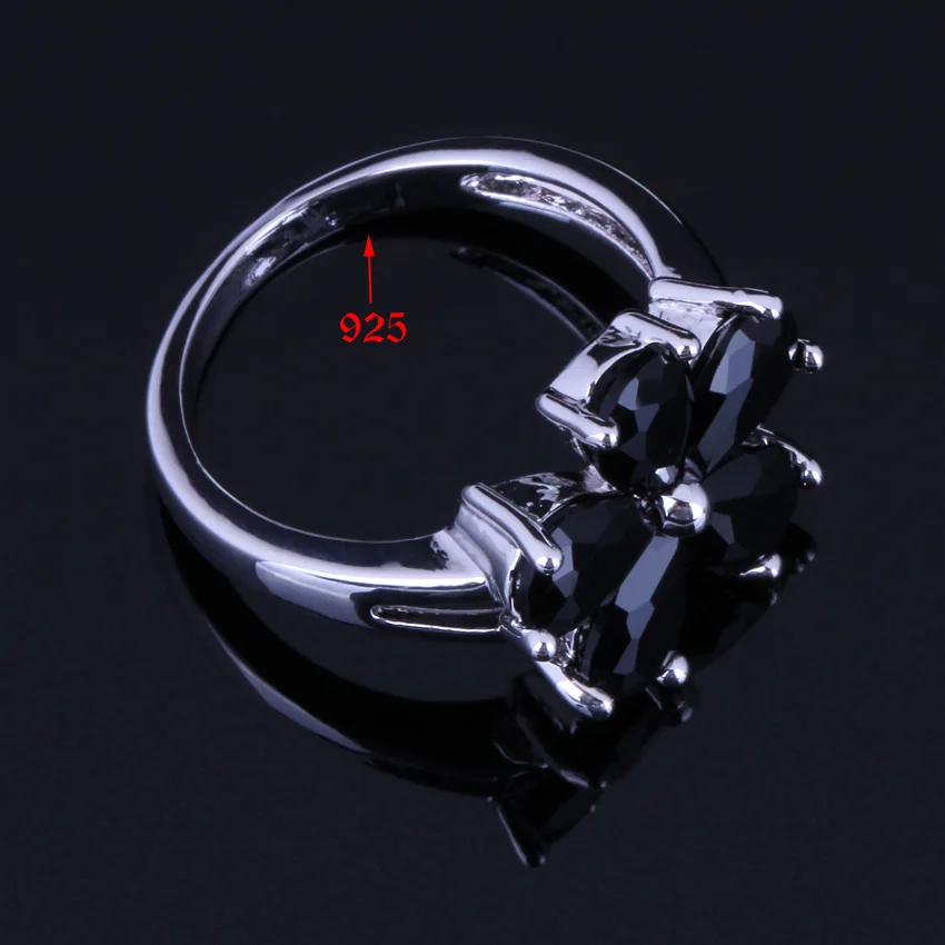 Splendid Flower Black Cubic Zirconia Silver Plated Jewelry Sets Earrings Pendant Chain Ring V0255