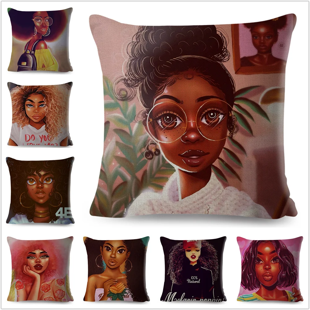 Beautiful Black Women Africa Girl Pillow Case Polyester Decor Colorful Cartoon  Cushion Cover for Sofa Car Home Pillowcase 45x45