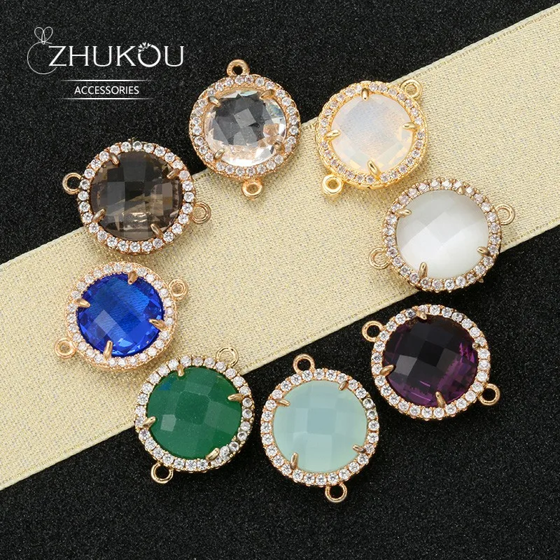 

ZHUKOU 14x18mm Beautiful Brass Cubic Zirconia Round Crystal Connectors for Necklace Handmade jewelry making findings model:VS353