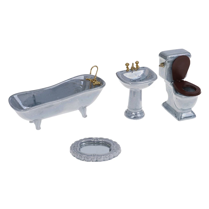 One Set New 1:12 Dollhouse Miniature Blue Porcelain Bathroom Set Toilet Basin Bathtub Furniture Toys