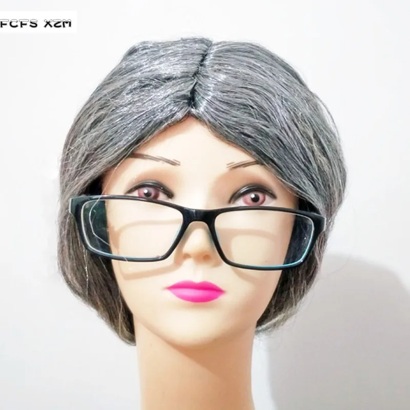 

Bun Hair Gray Grand Mother Grandma Granny Cosplay Headwear Peluca Halloween Costumes Purim Carnival Masquerade Party Dress