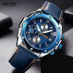 MEGIR Men's Chronograph Quartz Watches Leather Strap Army Sports Casual Wristwatch Man Relogios Masculino Clock 2074 Blue