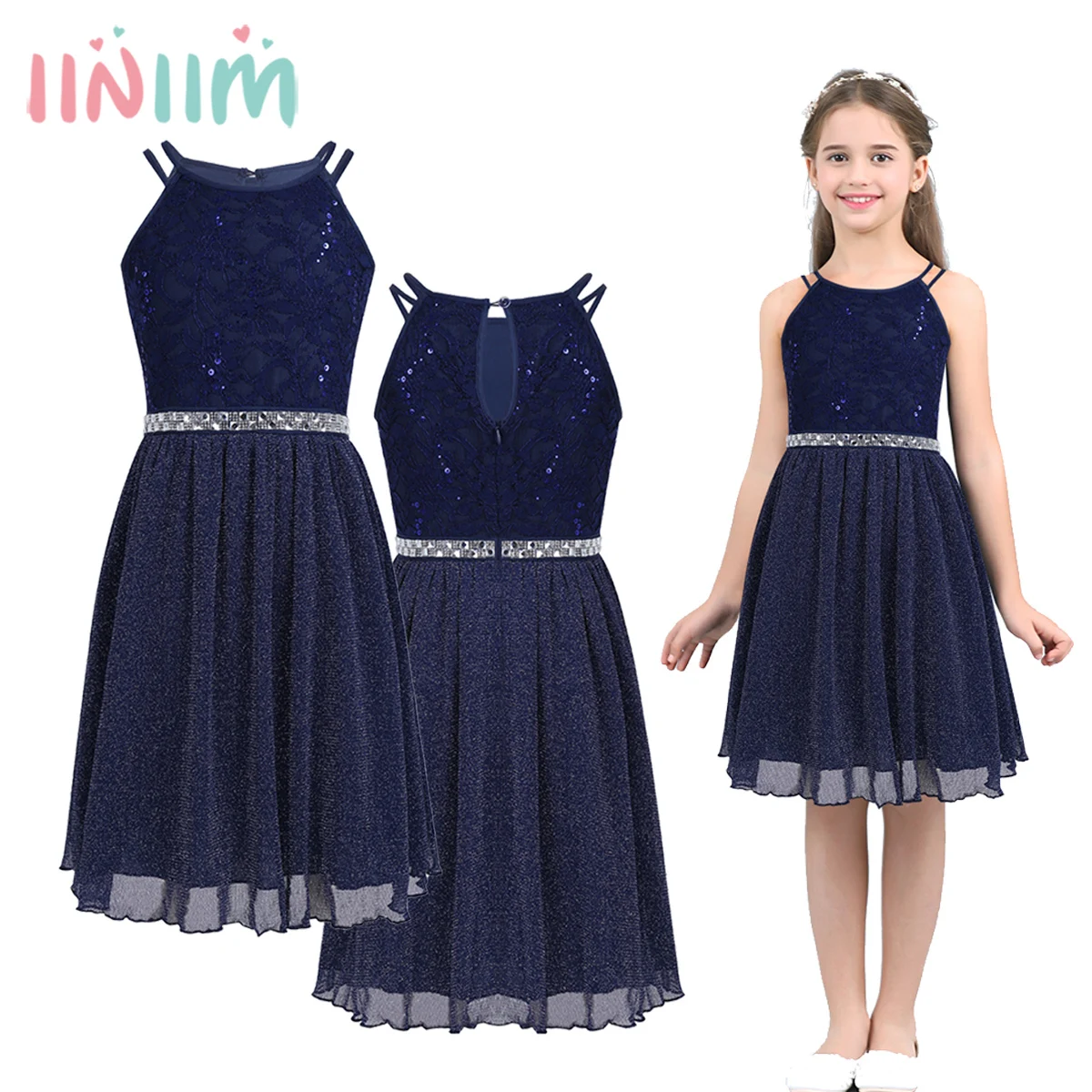 

Children's Flower Girls Dress Sleeveless Sequined Floral Lace Shiny Dress Vestidos First Communion Party Summer 2018 Dress