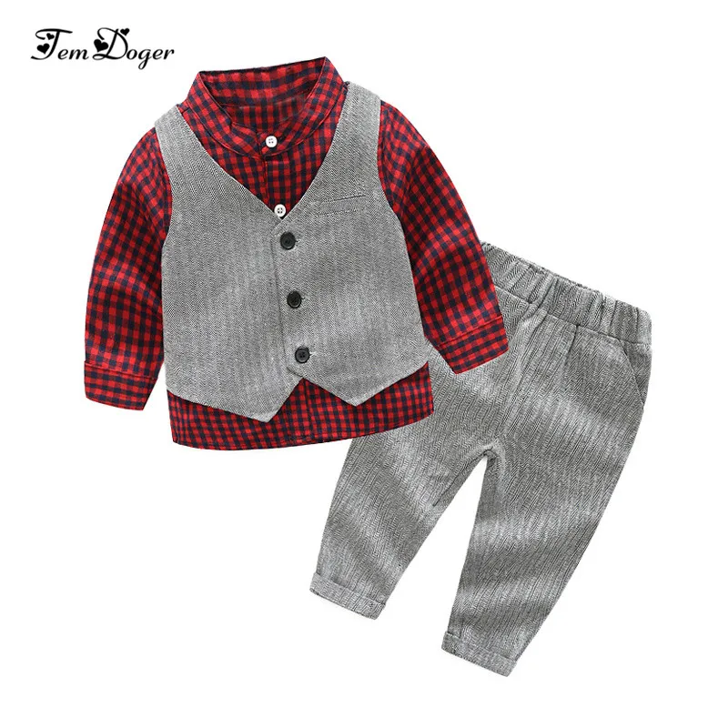 

Tem Doger Baby Boy Clothing Sets 2018 Newborn Baby Boy Clothes Gentleman Cotton Vest+Plaid Shirt+Pants 3PCS Bebes Outfits Sets