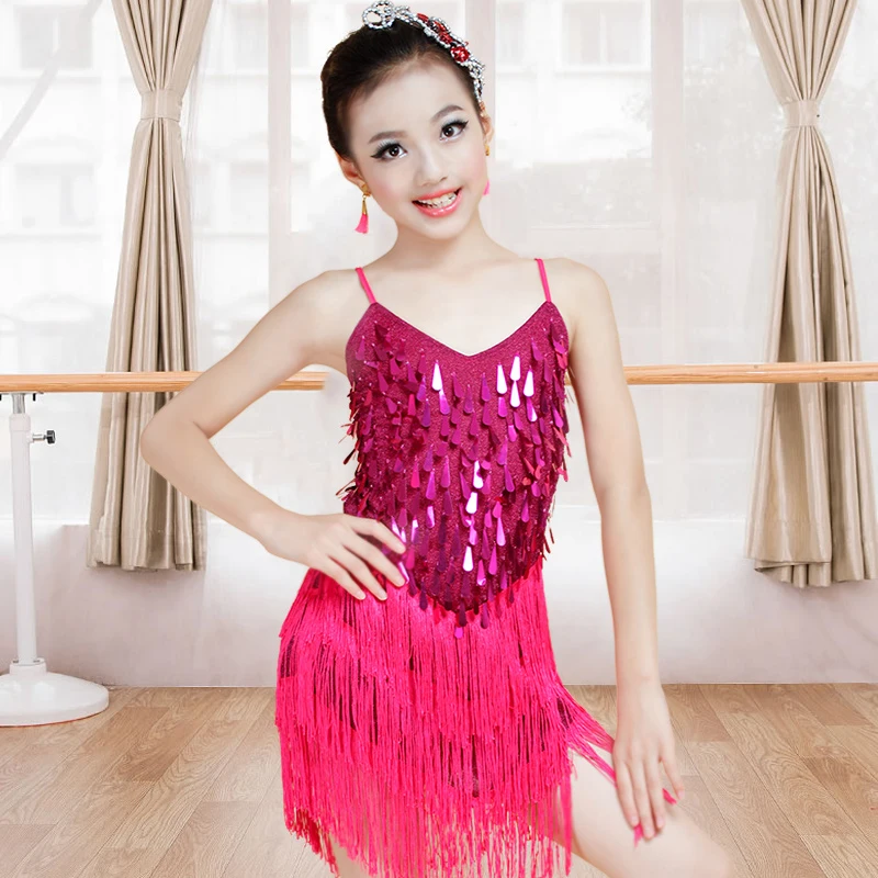 Girl Shiny Sequins Fringe Dance for Girl Party Dress Gowns Rhythm Ballroom Samba Rumba Tango Stage Salsa Kid Latin Dance Dress