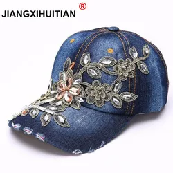 Casquette de baseball brodée de diamants pour femmes, chapeaux Snapback en denim, chapeau de soleil d'été, chapeau de cowboy pour femme, peinture, fleur