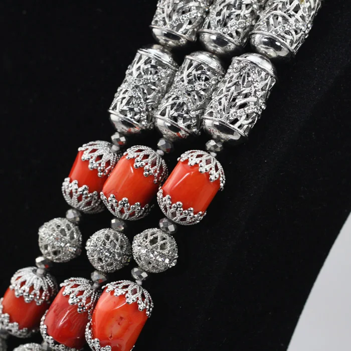 Real Coral African Beads Jewelry Sets Silver Accessories Indian Bridal Necklace Earrings Set 2017 New Wedding Gift ABH266