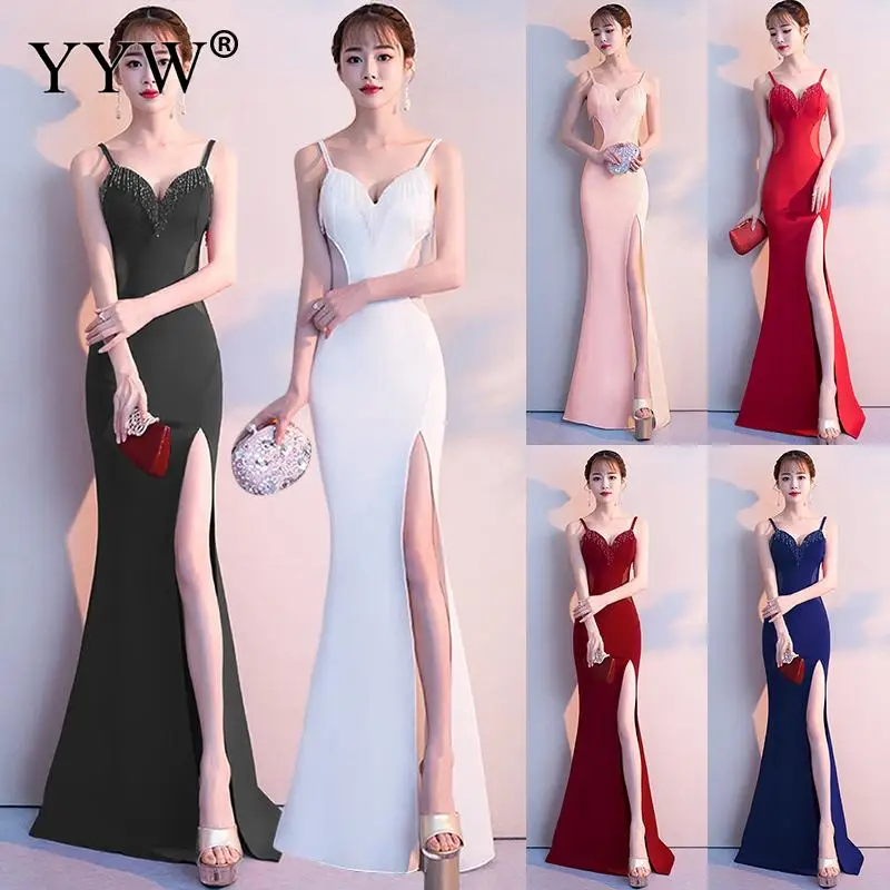 Elegant สีขาว V คอสายยาวชุดนางเงือกเซ็กซี่เอว Slim ชุดราตรียาว Slit ชุดปาร์ตี้คลับ