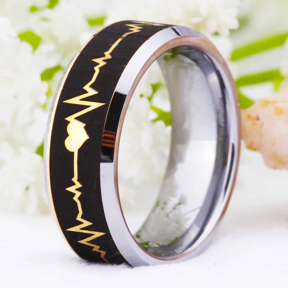 Classic Wedding Rings for Women Men's Engagement Rings Heart Beat EEG Design Promise Anniversary Jewelry Golden Tungsten Ring image 2