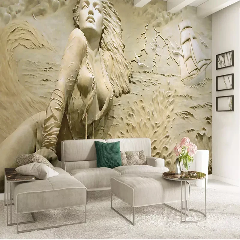 European Gold 3D Embossed Seaside Sexy Beauty Mural Wallpaper For Walls 3 D Living Room TV Background Decorative Wall Covering