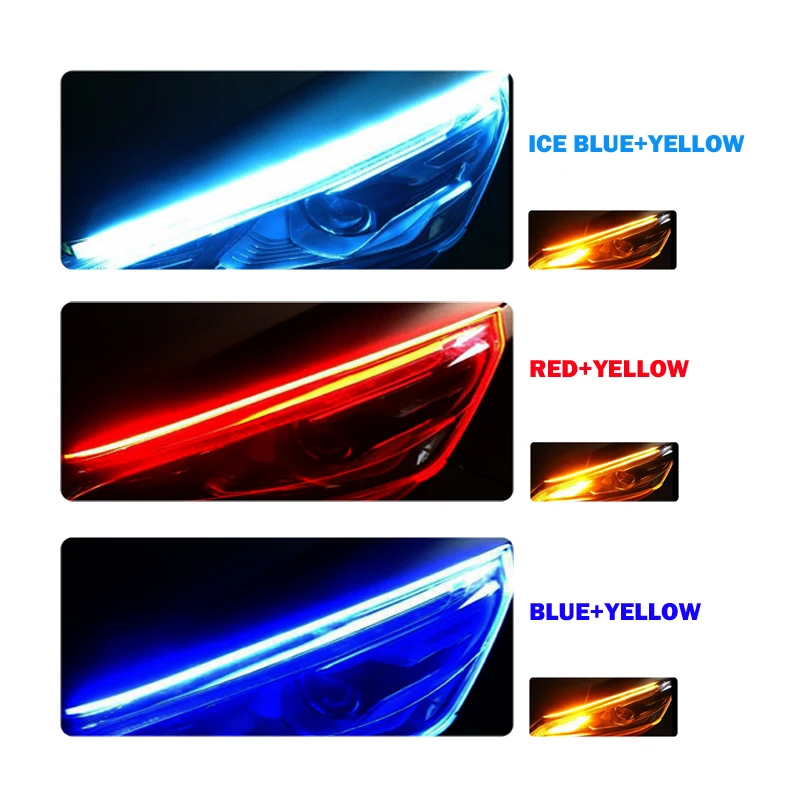 2Pcs DRL Daytime Running Lights Switchback Strip Lamp 30/45/60CM White with Flowing Yellow Color Angel Eye Day Light