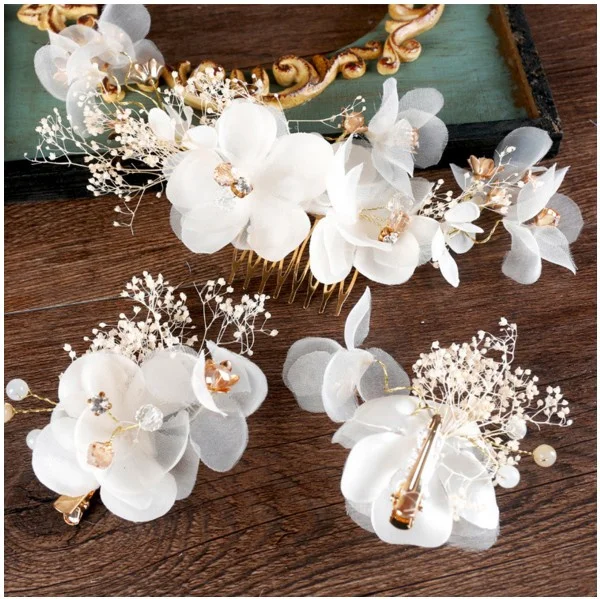 New white immortal crepe flower comb barrette sets bride headwear bridal hair accessories