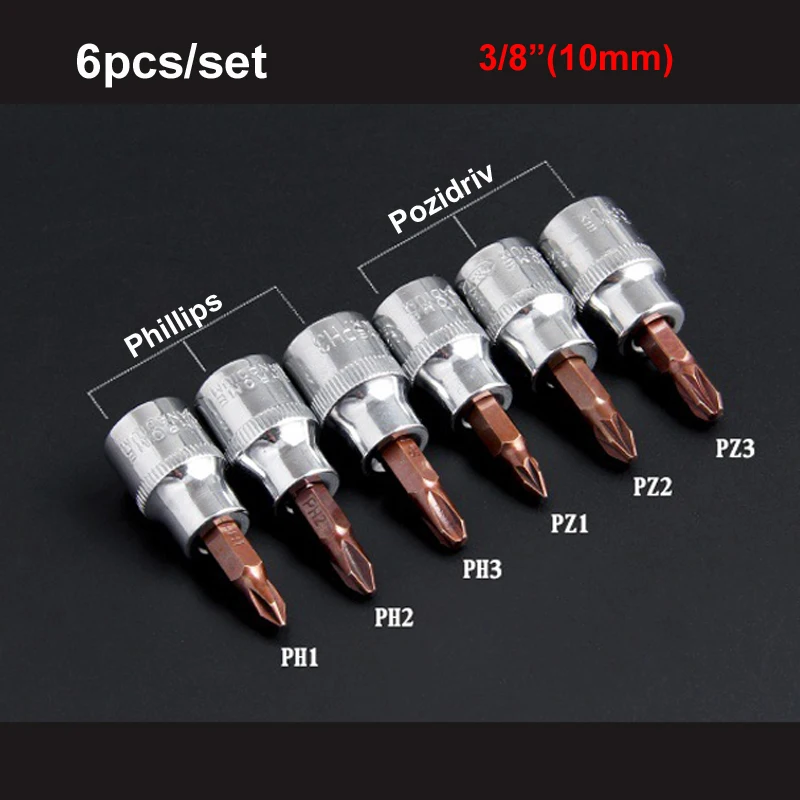 

6Pcs 3/8 Inch Drive Socket Pozi Pozidriv Screwdriver Bit Phillips Screwdriver Bits Hand Tools PZ1 PZ2 PZ3 PH1 PH2 PH3