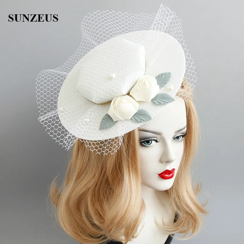 New Design Ivory Bridal Hats With Flowers Leaves Elegant Women Party Hat With Tulle European Court Nobles Jockey Hat