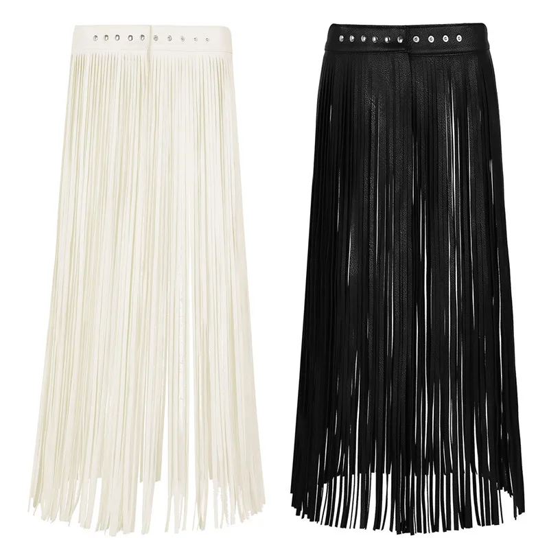 Womens Sexy Tassel Skirts Goth Hippie Boho Waistband Long Fringe Black Leather Tassel Skirt High Waist Skirt Holographic Skirt