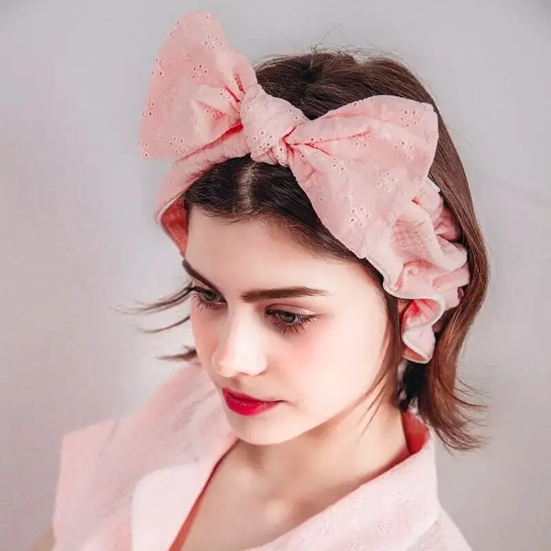 

2019 Women Girls Bows Headwear Lace Hollow Out Bowknot Towel Hair Band Wrap Headband For Wash Face Bath Spa Make Up