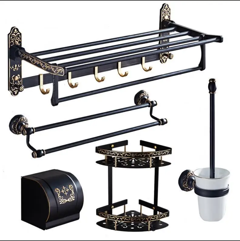 

Black and Gold Carved Bathroom Accessories Set Aluminum Bath Hardware Sets Towel Rack,Paper holder Toilet Brush Holder towel bar