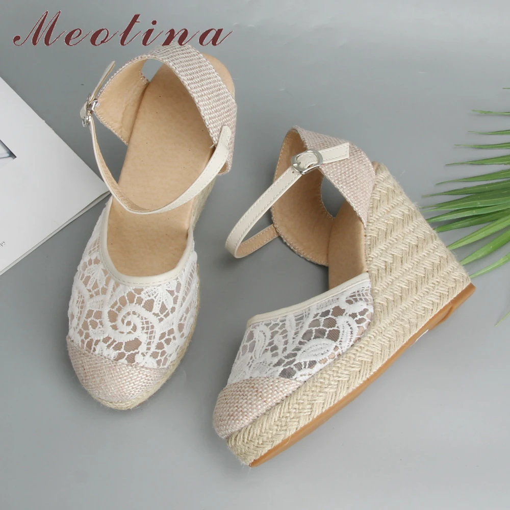 Meotina Espadrille Platform Wedges Sandals Women Summer Bohemia Lace High Heels Sexy Female Sandals Wedding Shoes Big Size 34-43