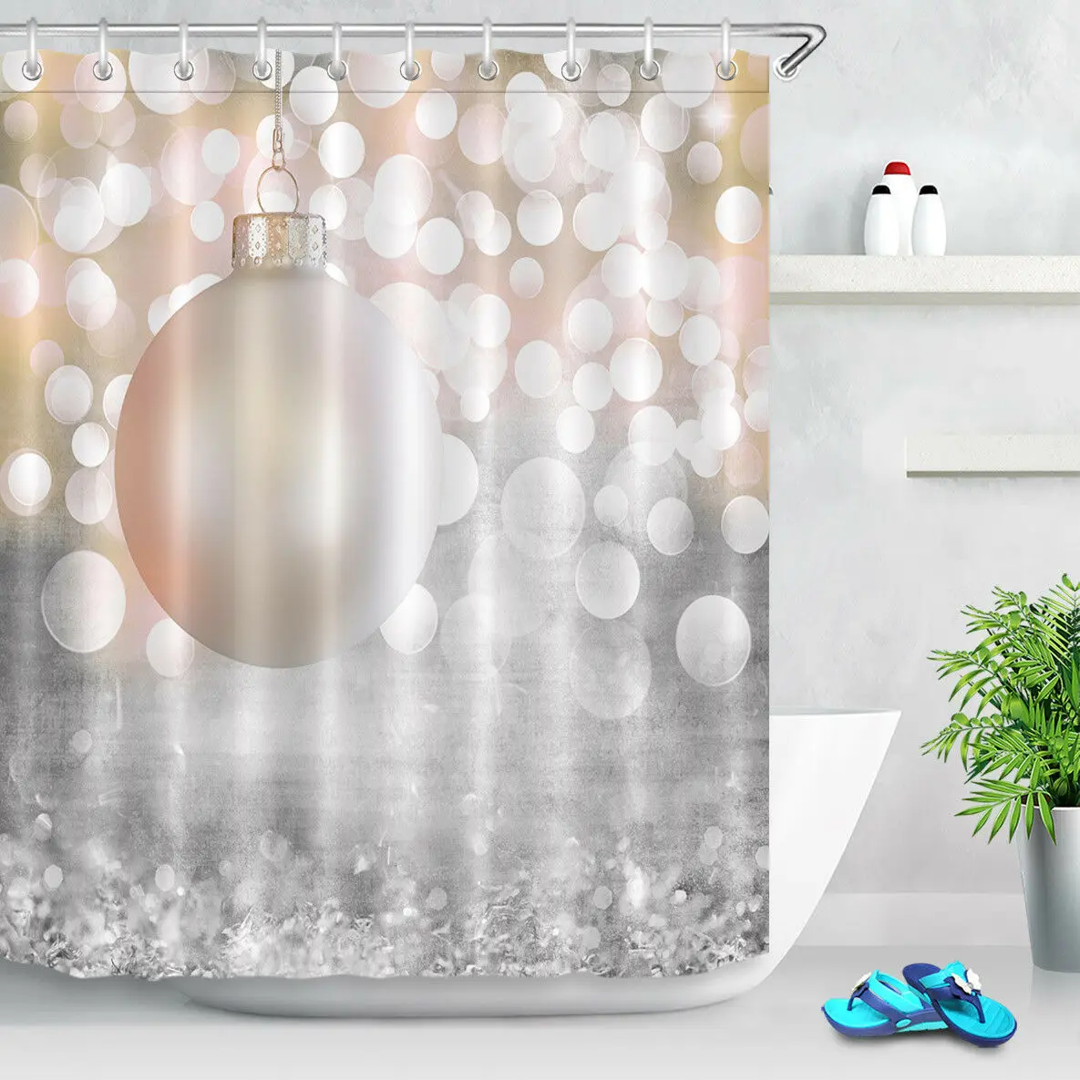 Xmas Balls Bokeh Spot Bathroom Polyester Fabric Christmas Shower Curtain Hooks