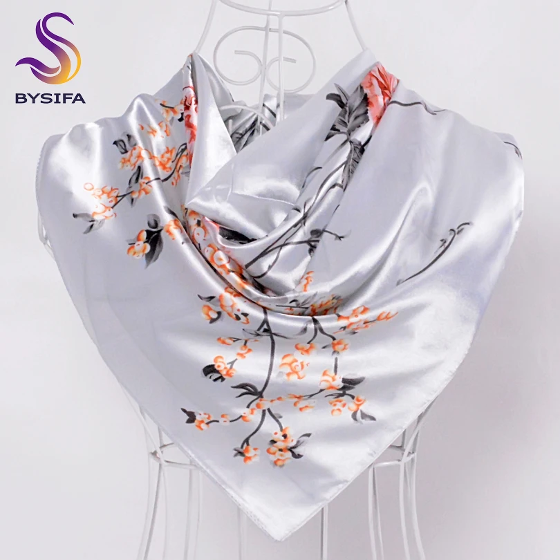 [BYSIFA] Chinese Silk Scarves New Women Winter Plaid Satin Square Scarves 90*90cm Grey White Floral Female Hijab Scarves Stoles