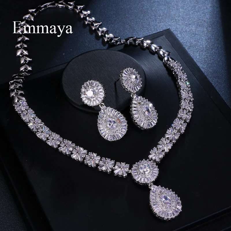 Emmaya Brand Charm Gorgeous Cubic Zircon White Gold Color New Crystal Earrings Necklace Set For Women Bride Jewelry Gift