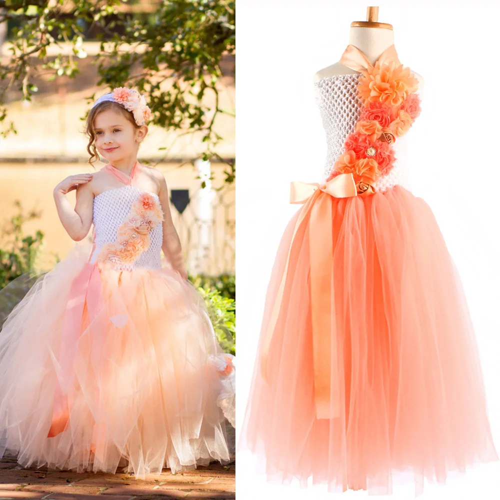 Girls Dress Kids Cloth Orange Crochet Long Flower Tutu Dress Ball Gown with Ribbon Bow and Headband Children Wedding Party Tutus