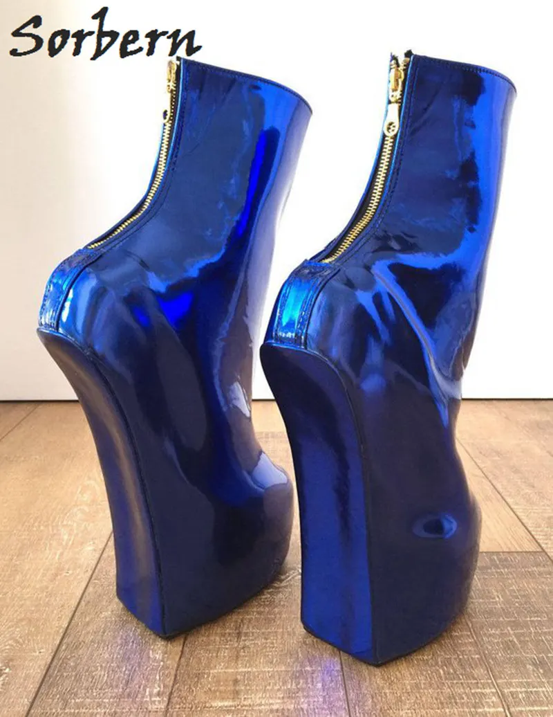 Sorbern Royal Blue Metallic Ankle Boots For Women Hoof Heelless Short Ladies Boots Platform Shoes Custom Colors Wide Calf Shoes