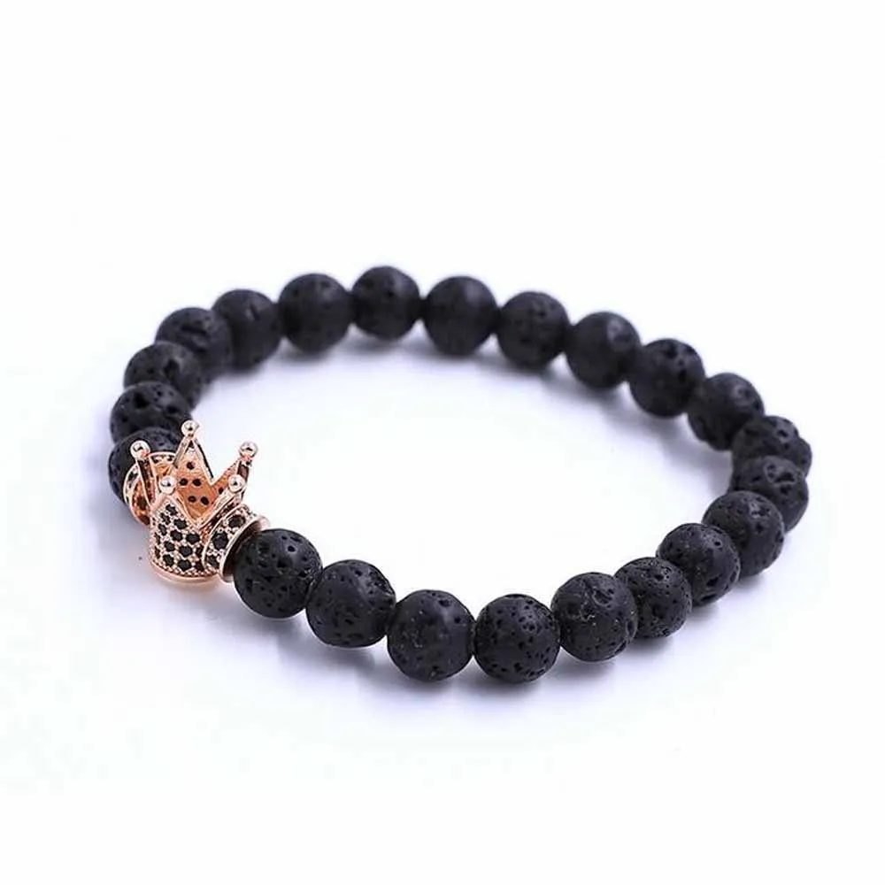 (10 pieces/lot) Rose Gold Pave Setting Black Cubic Zirconia Crown Beads & 4mm Round Lava Beads Braided Anil Arjandas Bracelets