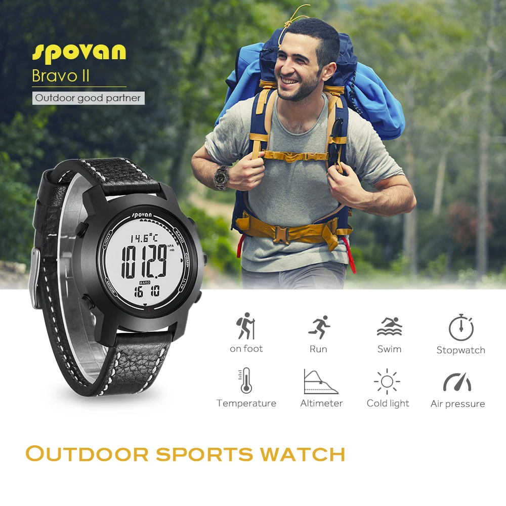 SPOVAN Updated Bravo2S Men Sports Military 5Bar Waterproof Wrist Watch With Compass,Altimeter,Barometer,Compass,Thermometer,etc