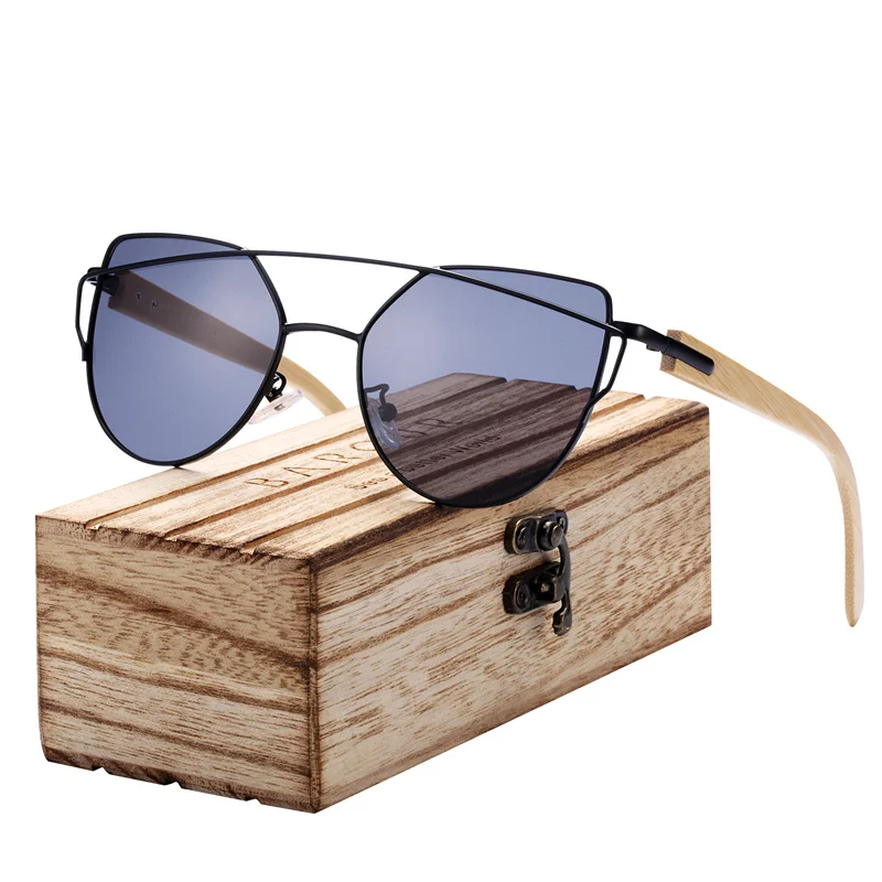 BARCUR Bambus-Katzenaugen-Sonnenbrille, polarisierter Metallrahmen, Holzbrille, Damen-Luxus-Mode-Sonnenschutz mit Box kostenlos