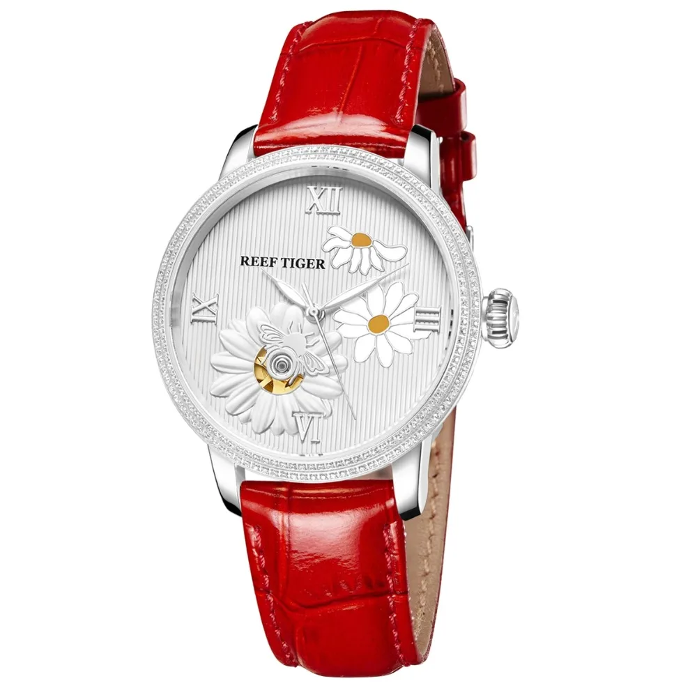 Reef Tiger RGA1585 Lady Luxury ของแท้หนัง Hollow Out Dial Women Automatic Meachanical นาฬิกาข้อมือ - Silver