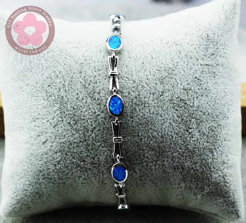 JLB085  Real 925 Sterling Silver Bracelets Blue Opal Fine Jewelry Trendy Women Charm Bracelets Precious Christmas Gift