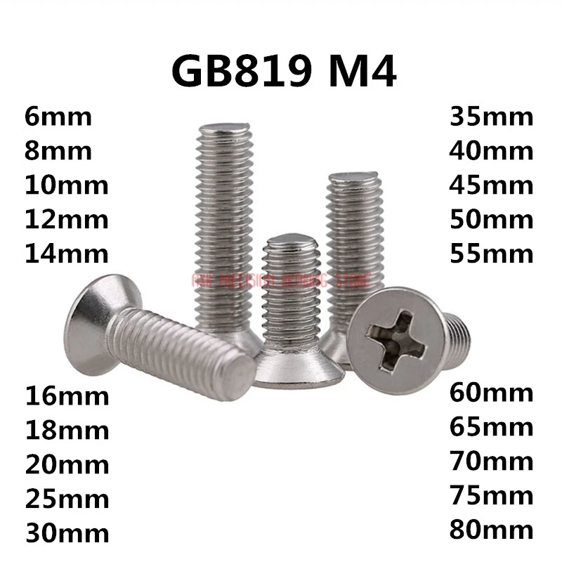 100pcs GB819 M4 304 Stainless Steel Metric Thread flat head cross Countersunk head screw m4*(6/8/10/12/14/16/18/20/25~80) mm