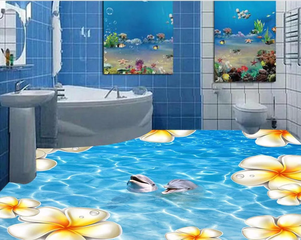 3d floor painting wallpaper Sea water dolphin flower water ripples 3D floor painting waterproof wall murals 3d flooring