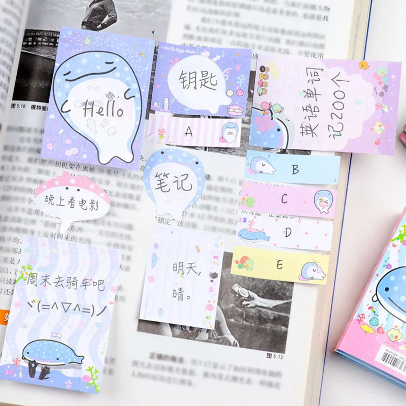 Kawaii Whale Fish 6 Lipat Memo Pad Sticky Notes Paper Craft Bookmark Alat Tulis Perlengkapan Sekolah Kantor Notes