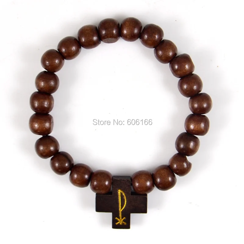 10x Dark Brown Labarum The Chiro Cross Wood Charm Bracelets Catholic Christian Orthodox Fashion Religious Jewelry