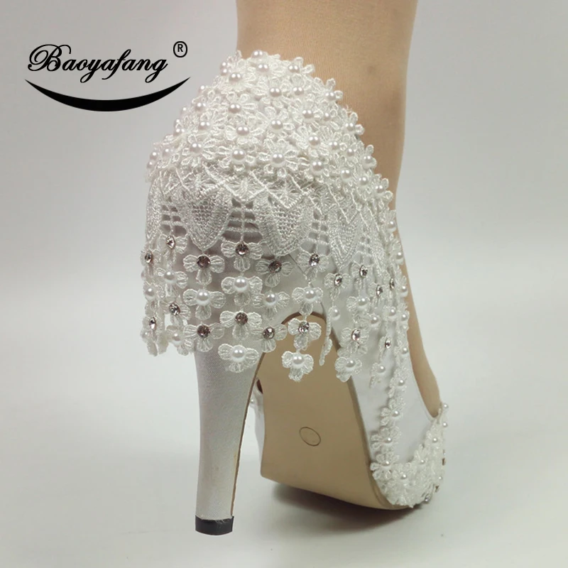 BaoYaFang 2023 New Lace-Up fashion shoes For woman White Flower Wedding shoes Ankle Strap High shoes sweet party shoe