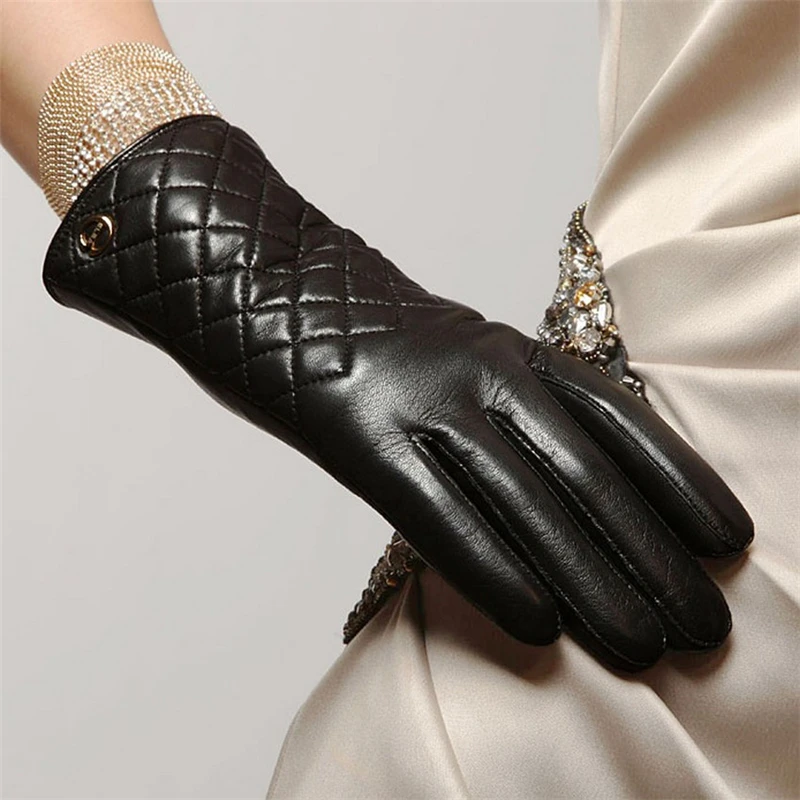 HOT Sale Fashion Women Sheepskin Gloves Autumn Winter Plus Warm Velvet Genuine Leather Elegant Lady Driving Glove EL014PC